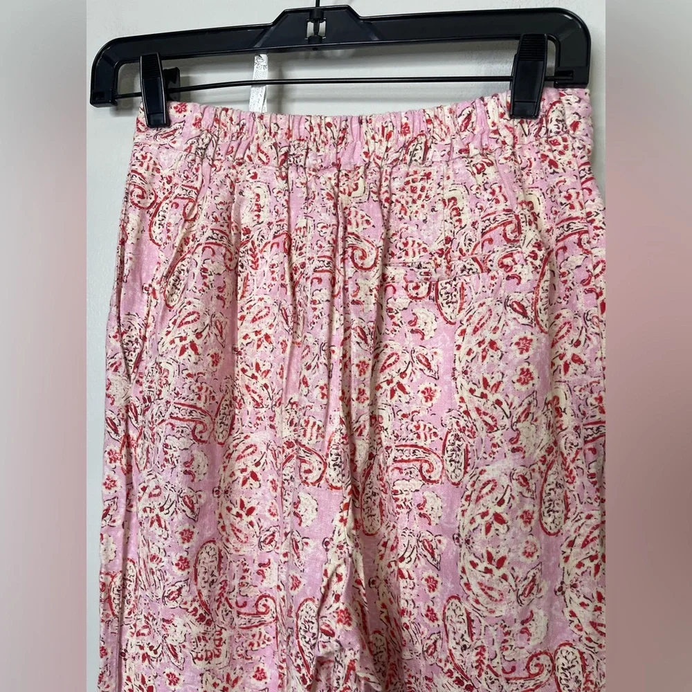 Zara Women Wide Leg Linen Blend Elastic Waist Trouser Pants Pink/White Sz XS